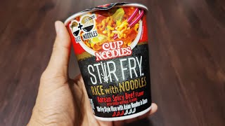 Nissin Cup Noodles STIR FRY Korean Spicy Beef RICE  Noodles [upl. by Mehalek197]