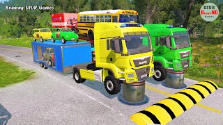 Double Flatbed Trailer Truck vs speed bumpsBusses vs speed bumpsBeamng Drive962 [upl. by Imot336]