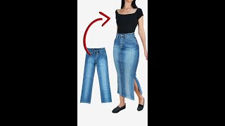 Upcycle jeans easily How to transform jeans into a style skirt Miarti 🧵✂️ [upl. by Changaris]