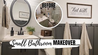 DIY Small bathroom makeover  Farmhouse bathroom transformation on a budget  Bathroom renovation [upl. by Meesaw776]