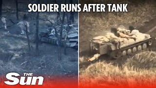 Russian soldier chases after tank in attempt to escape Ukrainian fire [upl. by Magnum719]