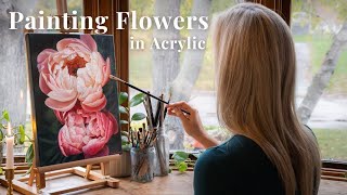 How To Paint Flowers In Acrylic  Peony Painting Timelapse Tutorial [upl. by Hyacinth]