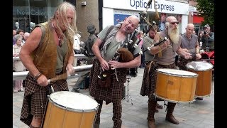 Amazing Bagpipes Kilts And Tribal Drums Music Medieval Fair Perth Perthshire Scotland [upl. by Feigin705]