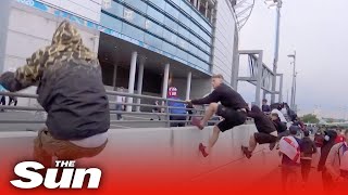 Ticketless fans rush Wembley Stadium security barriers at England vs Italy Euro 2020 final [upl. by Atrim]