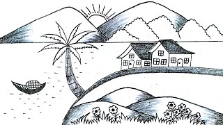 How to draw a scenery of village  Village life scenery drawing  Creative nature drawing easy [upl. by Asyl]