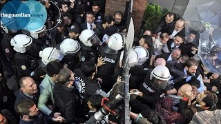 Turkish police storm media firm headquarters as workers protest [upl. by Notxed]