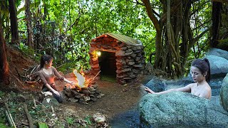 Solo bushcraft survival Build a warm shelter out of stone and wood  Outdoor wild camping [upl. by Akihsay79]