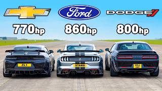 Ford Mustang v Chevy Camaro v Dodge Hellcat Redeye DRAG RACE [upl. by Ardnahs]