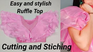 Easy styles ruffle top cutting and stitchingTop Blouse cutting and stitchingruffle sleeve design [upl. by Mungovan]