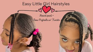 Easy little girl Hairstyle  Heart Part  pigtails [upl. by Aratihc]