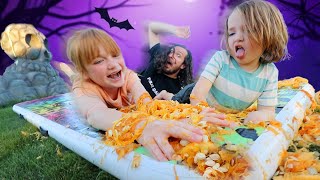 PUMPKiN GUTS WATER SLiDE Family challenges inside Mystery Pumpkins Adley amp Niko spooky Drop Test [upl. by Siroled]