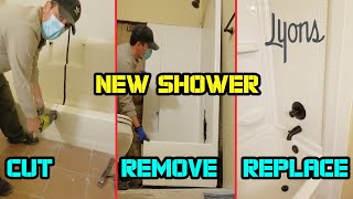 How to remove 1 piece shower stall amp install new Lyons Bathtub Shower Kit from Menards [upl. by Chard579]