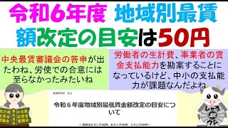 令和６年度 地域別最賃額改定の目安は５０円、労働者の生計費を重視（消費者物価指数上昇）中央最低賃金審議会の答申、公益委員見解 [upl. by Bacon]