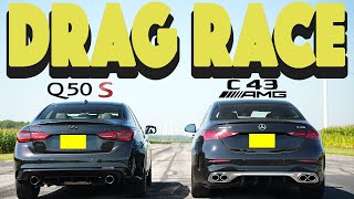 New Mercedes C43 AMG vs Infiniti Q50 RedSport no replacement for displacement Drag amp Roll Race [upl. by Laitselec]