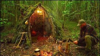 Building a Survival Shelter in a Forest  Camp Food from Natural Herbs  Mr Wild Nature 8K [upl. by Inaniel866]