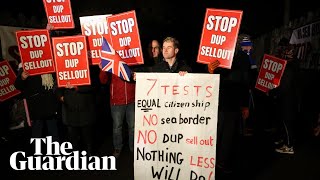 Protests at Stormont as DUP agrees deal to restore Northern Ireland power sharing [upl. by Nosylla]