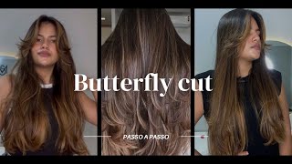 CORTE BUTTERFLY HAIRCUT EM CABELO LONGO  CORTEI SOZINHA [upl. by Johiah426]