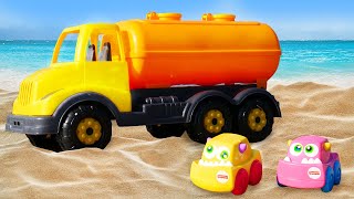 Pretend to play with toy water truck toy cars amp toy trucks in a pool Toy vehicles in the sandbox [upl. by Rihsab]