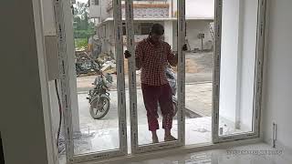 UPVC Sliding Door And Fixed Attachment Work  3 Track 4 Panel  Mess Sliding Door installation Work [upl. by Adnowal375]