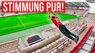 PARKOUR im FußballSTADION  FETTER Sprung von der TRIBÜNE  RotWeiss Essen [upl. by Nonad]