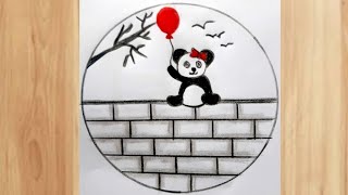 Pencil Drawing in Circle Easy Step By Step  Panda Drawing in Circle  Easy Circle Scenery Drawing [upl. by Acebber]