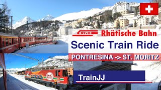 4K RhB Pontresina to St Moritz Train Ride in the snow  Bernina Express route Switzerland [upl. by Jerrol]