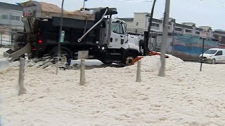 April noreaster brings sea foam thick enough to plow on Mass coastline [upl. by Nyrraf]