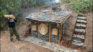 Primitive Bushcraft Shelter In The Rain Forest  Stone Roofed And Stone Wall [upl. by Lesya]