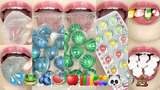 asmr EMOJI FOOD 💦🐸🫐🍉🍎🟩🟨🟠🔵🟣🐼💍💩 WATER JELLY CANDY 이모지 먹방 eating sounds [upl. by Niras]