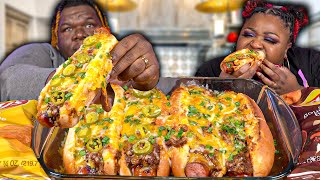 GIANT CHILI CHEESE SAUSAGE DOGS  HASHTAG THE CANNONS  MUKBANG EATING SHOW [upl. by Aelyak]