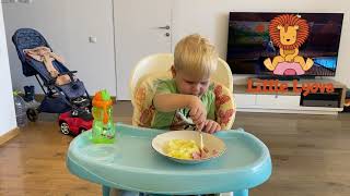 Funny baby eats mashed potato with sausage [upl. by Yelrah]