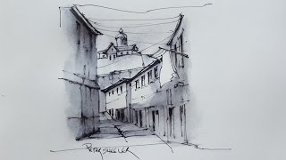 How to draw with soluble ink Pen and Water Brush A Sunlit Alley with Shadows [upl. by Teyut]