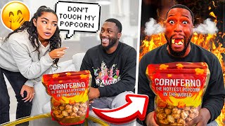 HOTTEST POPCORN IN THE WORLD REVENGE PRANK ON FIANCE [upl. by Rolecnahc]