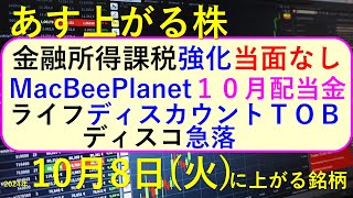 あす上がる株 2024年１０月８日（火）に上がる銘柄。金融所得課税は当面なし。ディスコが急落。MacBeePlanetの１０月配当金～最新の日本株情報。高配当株の株価やデイトレ情報も～ [upl. by Karolina46]