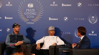 Hamilton amp Ricciardo react to Rosberg retirement discuss 2016 season [upl. by Alahs]