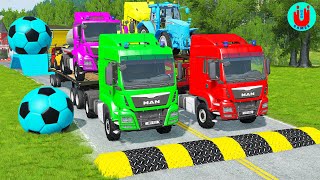 Double Flatbed Trailer Truck vs Speedbumps Train vs Cars  Tractor vs Train BeamngDrive 054 [upl. by Kcirdahc]