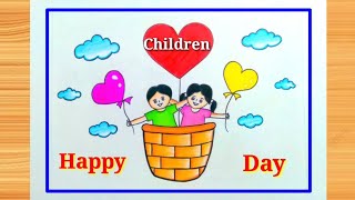 Childrens Day Drawing Step By Step Happy Childrens Day Poster Drawing How to Draw Childrens day [upl. by Damales]