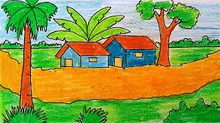 How To Paint Scenery  Village Scenery Drawing Tutorial  Gramer Dissho Drawing [upl. by Annaihr]