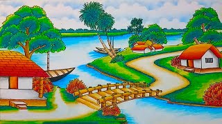 How to draw easy scenery drawing with beautiful landscape village with riverside scenery drawing [upl. by Marrilee]