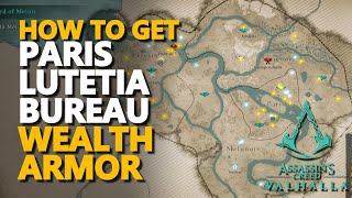 Lutetia Bureau Wealth Armor Gear Key Joyeuse Location Assassins Creed Valhalla [upl. by Ahsinrev622]