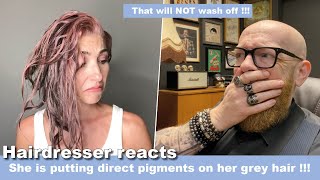 She puts Overtone on her grey hair  Hairdresser reacts to hair fails [upl. by Boucher344]