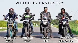 Pulsar NS200 BS7 Vs Duke 200 Bs6 Vs Pulsar N250 Vs Yamaha MT15 Bs6  Quad battle [upl. by Theresita]