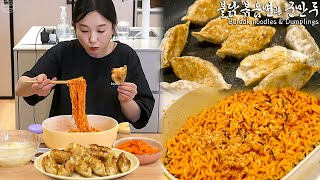 Real Mukbang “Spicy buldak noodles amp Dumplings” eaten after gardening [upl. by Elleirda358]