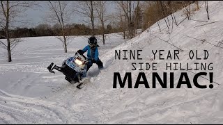 Nine year old teaches us how to side hill a snowmobile [upl. by Annodahs]