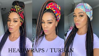 5 EASY HEADWRAP TURBAN STYLES for Senegalese Twists Braids Locs  Tupo1 [upl. by Merton]