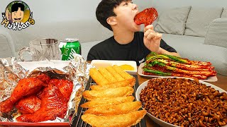 ASMR MUKBANG 직접 만든 양념 치킨먹방 치즈스틱 짜파게티 레시피 FRIED CHICKEN AND BLACK BEAN NOODLES EATING SOUND [upl. by Jamison]