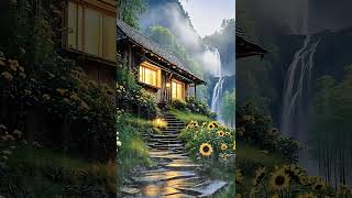 山谷中的房子和瀑布 Houses and waterfalls in the valley travel nature 唯美 [upl. by Nilcaj]