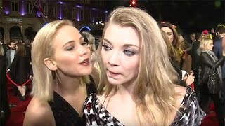 Oops Jennifer Lawrence Accidently Kisses Her Hunger Games CoStar Natalie Dormer [upl. by Denver]