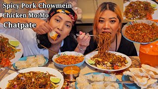 Spicy Pork Chowmein And ChatpateNepali Mukbang Pork MoMoNepali Style AcharJenna Shrestha [upl. by Annoya]