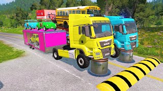 Double Flatbed Trailer Truck vs speed bumpsBusses vs speed bumpsBeamng Drive958 [upl. by Anitsirt]